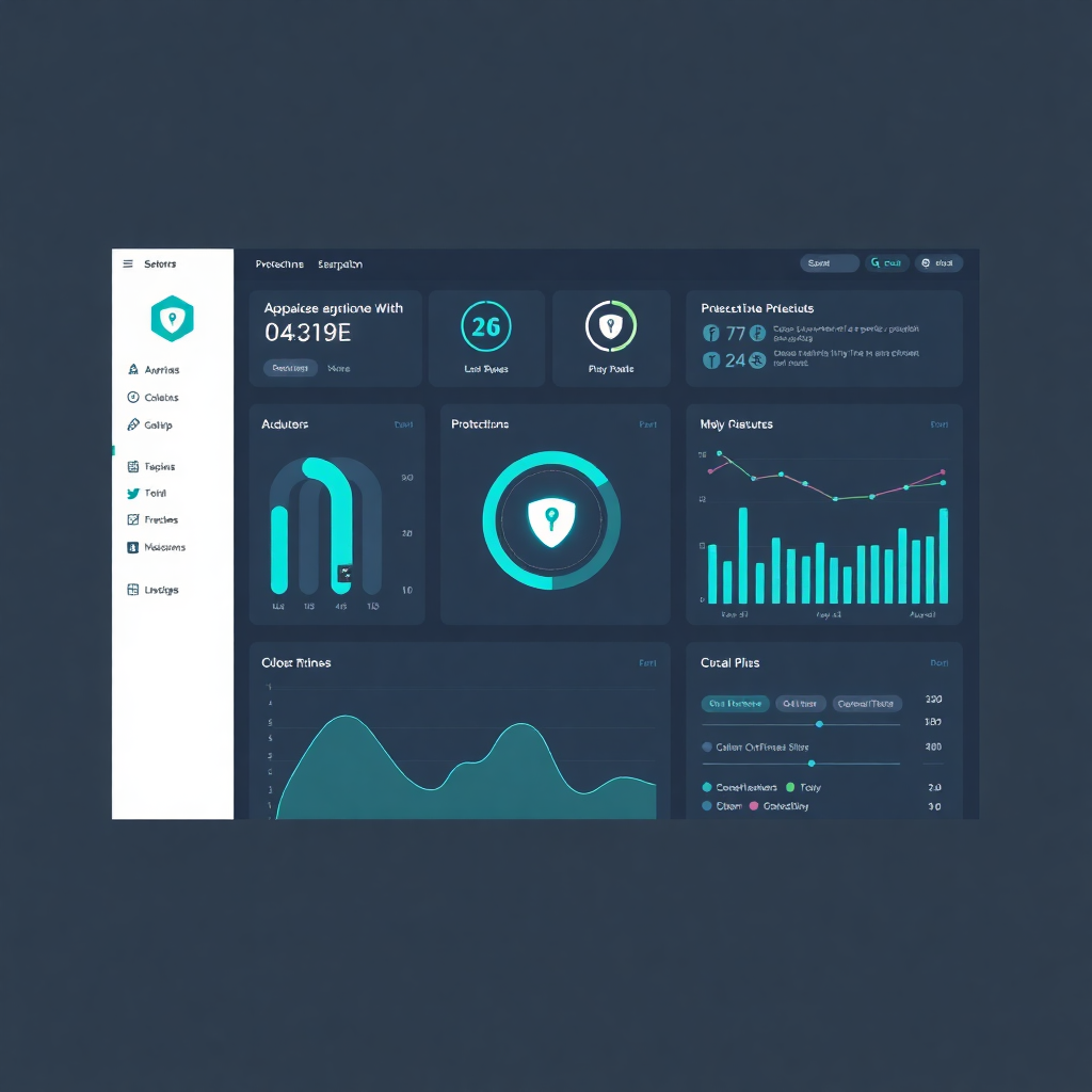 modernes cybersicherheit dashboard mit datenvisualisierung und schutz symbolen, minimalistisches design, türkis akzente